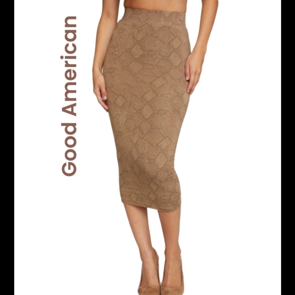 Good American Taupe Snake Print Slim Pencil Mini Skirt Sz 2 Elastic Waist